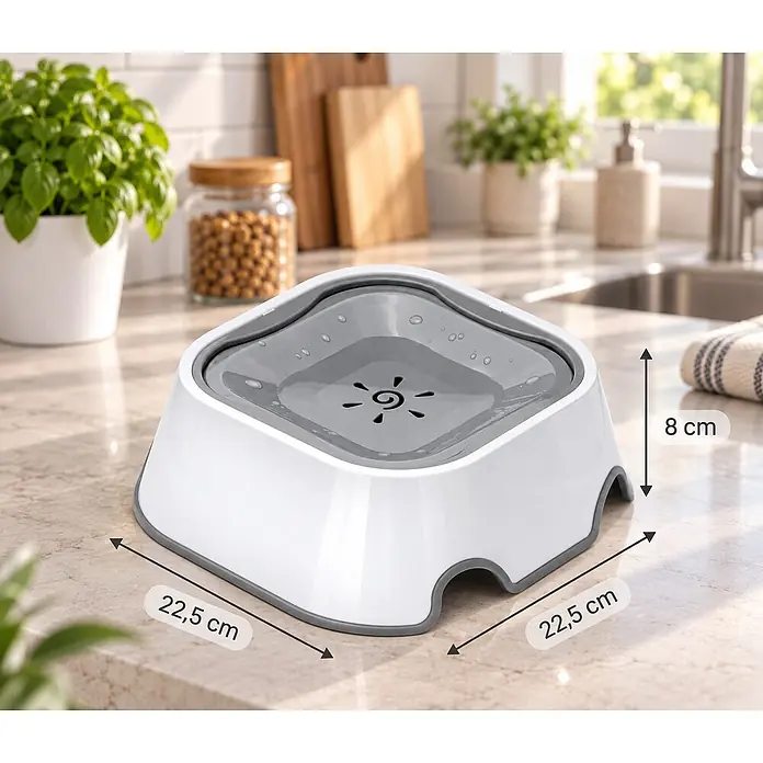 belviona 2-in-1 Anti-Schlabber-Napf für Hunde & Katzen, rutschfest, 1 L -  - Weiß-grauer, spritzwassergeschützter Trinknapf für Haustiere mit Maßen 22,5 x 22,5 x 8 cm.