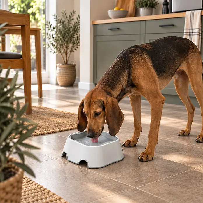 belviona 2-in-1 Anti-Schlabber-Napf für Hunde & Katzen, rutschfest, 1 L -  - Ein brauner Hund trinkt aus einem weiß-grauen Wassernapf auf Fliesenboden in einem Haus.