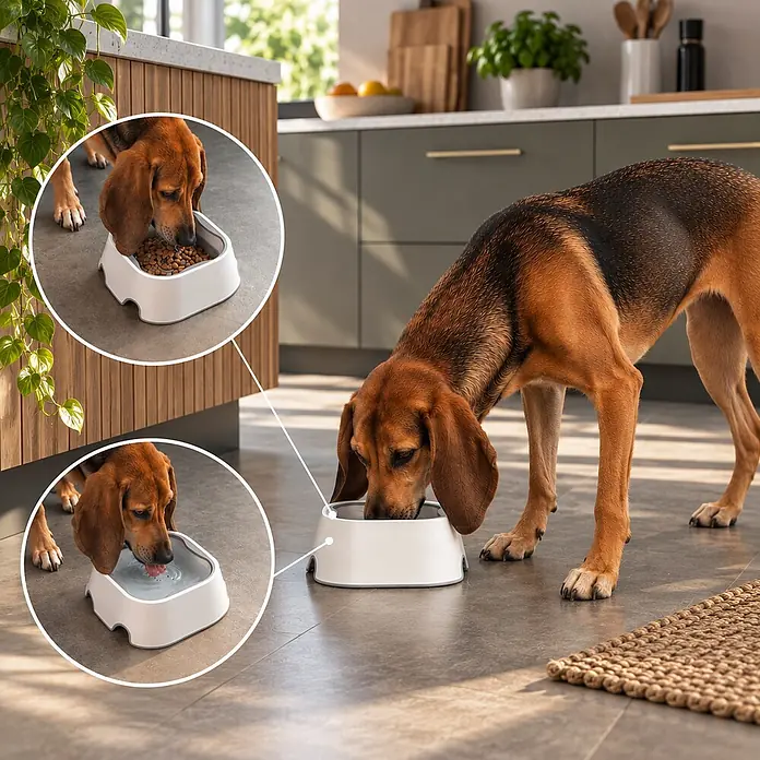 belviona 2-in-1 Anti-Schlabber-Napf für Hunde & Katzen, rutschfest, 1 L -  - Hund frisst Futter und trinkt Wasser aus einem weißen und grauen Hundenapf in einer Küche.