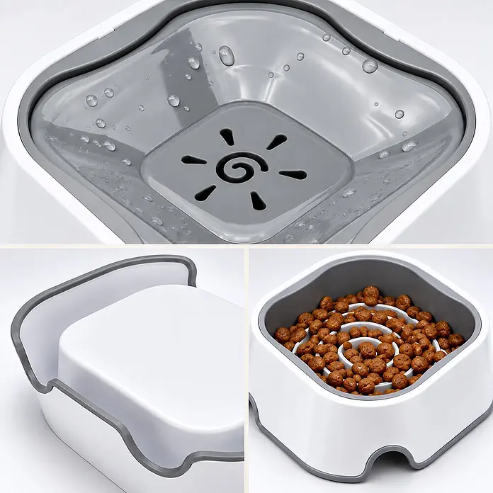 belviona 2-in-1 Anti-Schlabber-Napf für Hunde & Katzen, rutschfest, 1 L -  - Weiß-grauer Haustiernäpf mit langsamer Fütterungsfunktion und schwimmender Platte für Wasser.