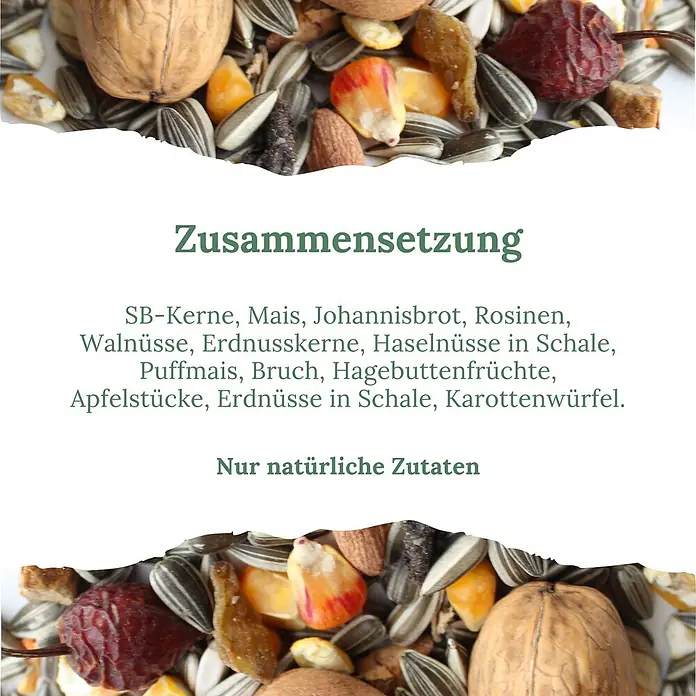 Orni Eichhörnchenfutter 1kg Alleinfutter für Eichhörnchen -  - Mischung aus natürlichen Zutaten wie Nüssen, Kernen und Trockenfrüchten, darunter Sonnenblumenkerne, Mais, Walnüsse, Rosinen und Hagebutten.