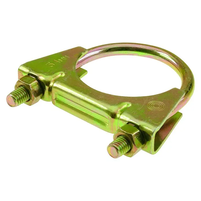 Bügelschelle - Durchmesser: 38 mm, M 8, Verzinkt - Ein goldfarbener U-Bügel mit Gewindeenden und Muttern zur Befestigung von Rohren oder Auspuffanlagen.