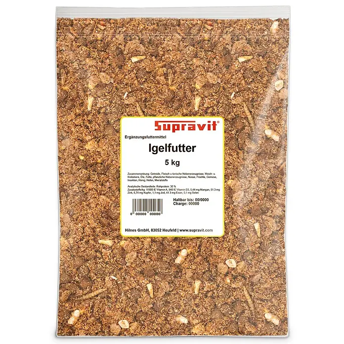 Supravit Igelfutter mit Insekten 5kg - Alleinfutter für Igel -  - Transparenter Plastikbeutel mit braunem Igelfutter und gelbem Produktetikett.
