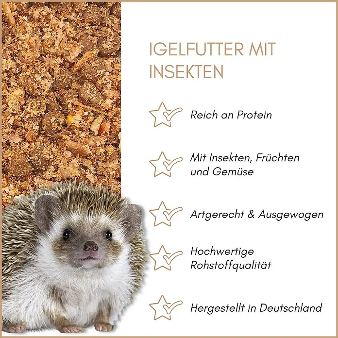 Supravit Igelfutter mit Insekten 5kg - Alleinfutter für Igel -  - Igelfutter mit Insekten, Früchten und Gemüse, proteinreich, gezeigt mit einem Igel.