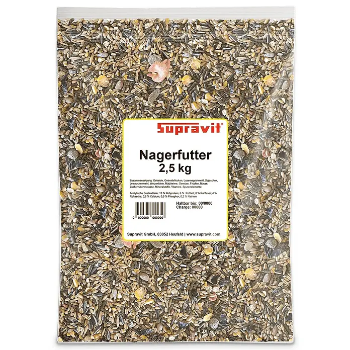Supravit Nager & Kleintierfutter 2,5kg für Nagetiere -  - Transparente Plastiktüte mit Supravit Nagerfutter, 2,5 kg, und gelbem Etikett mit Inhaltsstoffen und Marke.