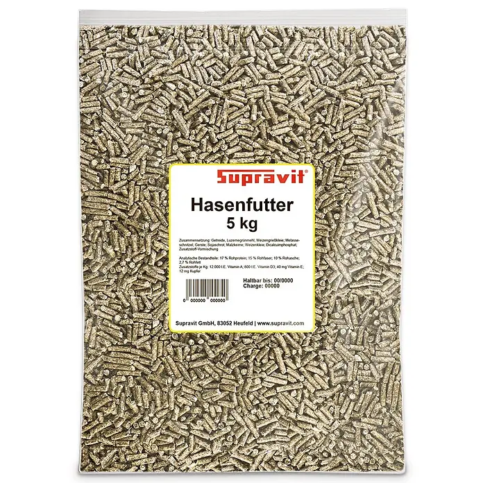 Supravit Hasenfutter & Kaninchenfutter Alleinfutter für Hasen 5kg -  - Transparenter Beutel mit 5 kg Supravit Hasenfutter-Pellets und gelbem Etikett mit Produktinformationen.