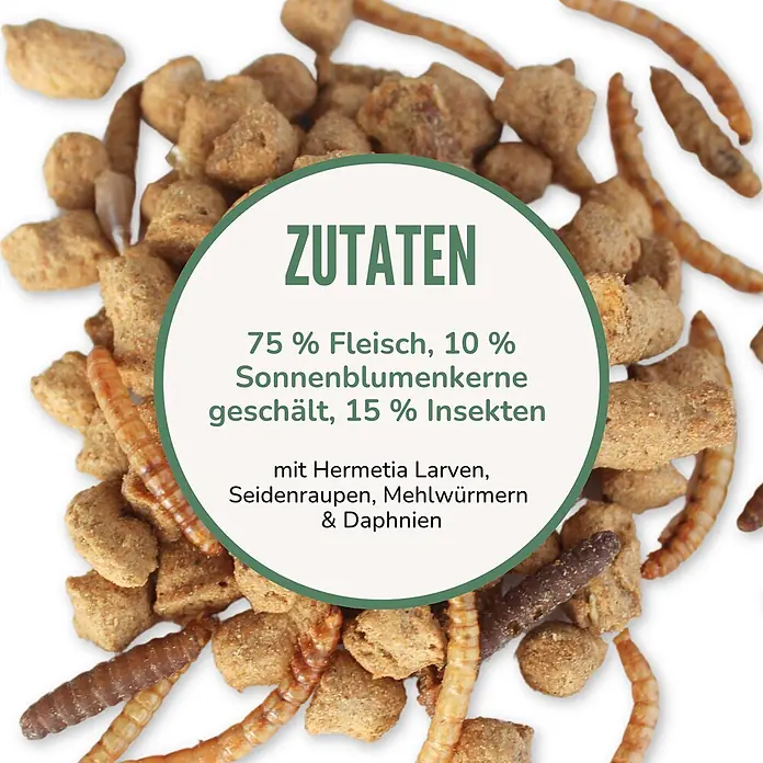 Orni Igelfutter 1kg – Getreidefreies Futter für Igel -  - Futterzutaten: Pellets und getrocknete Insekten, u.a. Mehlwürmer und Hermetia Larven. Mit 75% Fleisch, 10% Sonnenblumenkernen, 15% Insekten.
