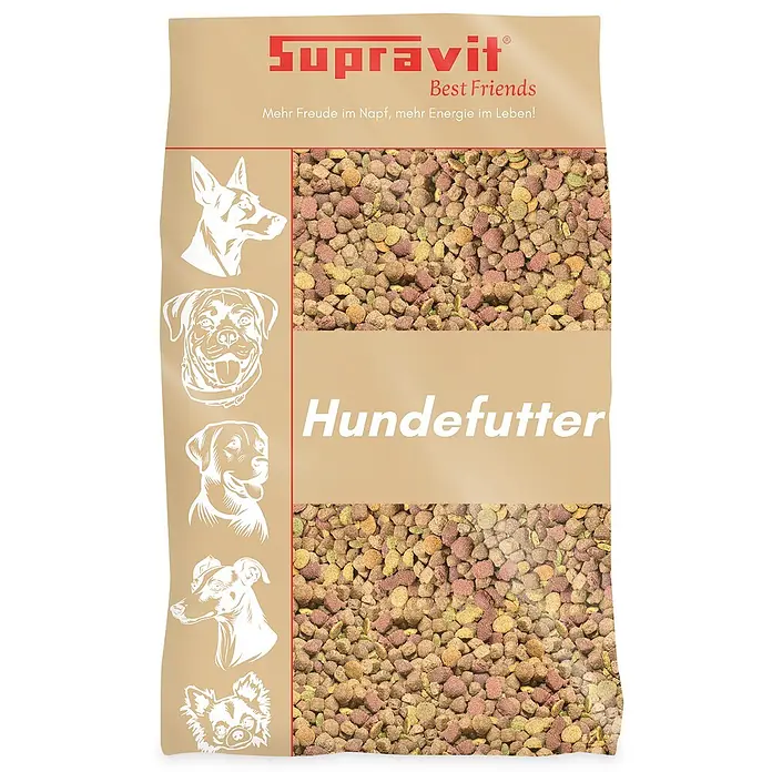 Supravit Mix Super Hundetrockenfutter 5kg für alle Hunde Rassen -  - Hundefutterbeutel in Kraftpapierfarbe mit rotem „Supravit“-Logo, Text, Hunderassen-Illustrationen und transparenten Kibbel-Sichtfenstern.