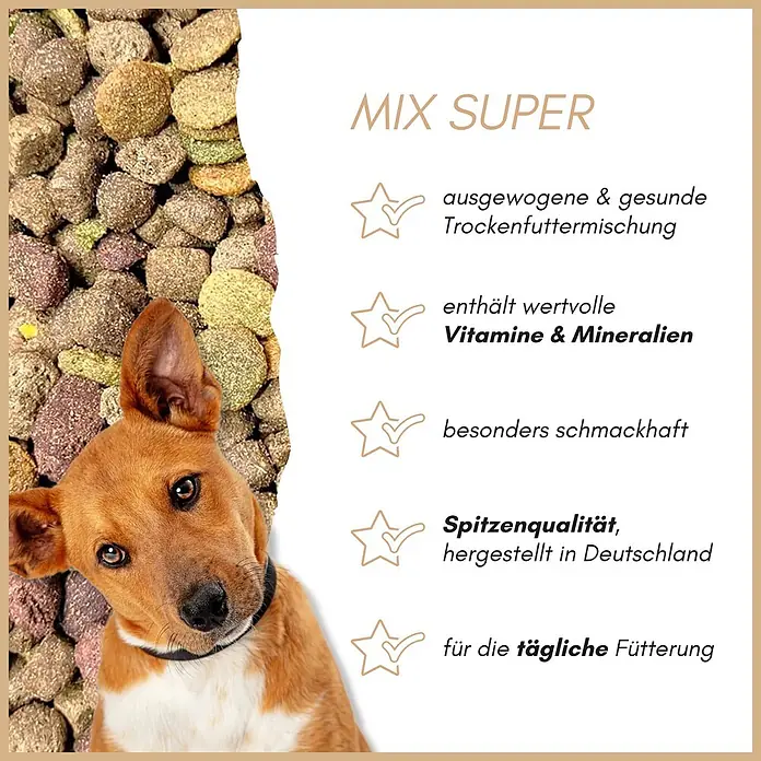 Supravit Mix Super Hundetrockenfutter 5kg für alle Hunde Rassen -  - Trockenfutter für Hunde mit Hundekopf und Text zu Produktvorteilen wie ausgewogen und schmackhaft.