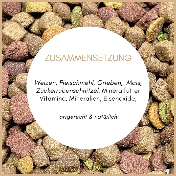 Supravit Mix Super Hundetrockenfutter 5kg für alle Hunde Rassen -  - Bunte Tierfutterpellets mit einer weißen Textfläche, die die Zusammensetzung zeigt.