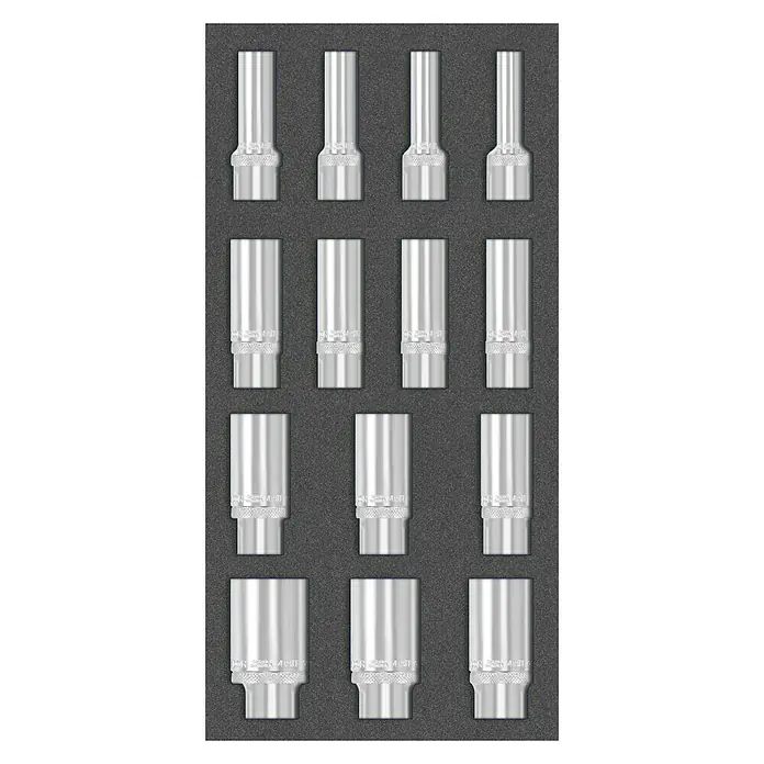 Matador Tool System Steckschlüsseleinsatz-Set - ½″, 14 -tlg. - Eine Auswahl an Steckschlüsseleinsätzen in verschiedenen Größen, eingebettet in eine Schaumstoffeinlage, für organisierte Werkzeugaufbewahrung.