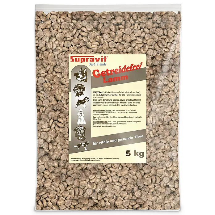 Supravit Hundetrockenfutter Lamm und Kartoffeln 5kg für Hunde -  - Eine klare Tüte Supravit Getreidefrei Lamm Hundefutter, 5 kg, mit braunem, rundem Trockenfutter und Etikett mit Hundebildern und Produktdetails.