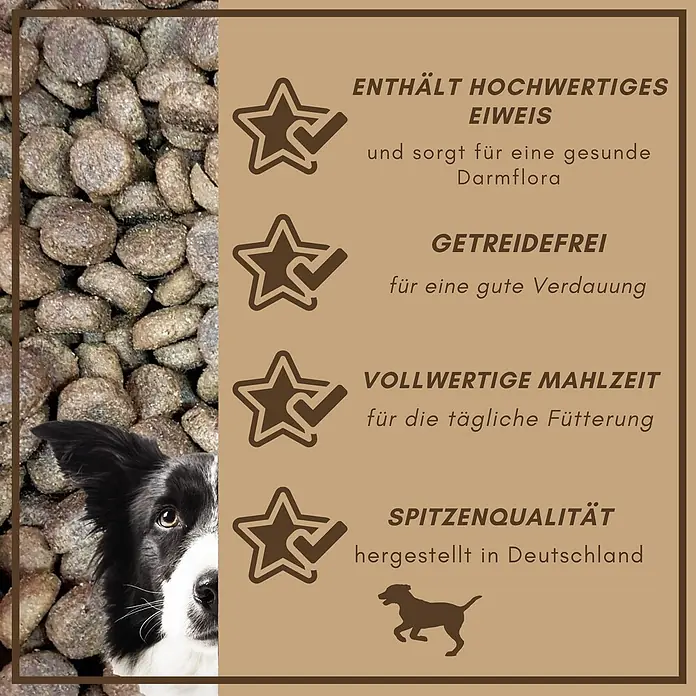 Supravit Hundetrockenfutter Lamm und Kartoffeln 5kg für Hunde -  - Hundefutter-Kroketten und Hundegesicht, mit Panel, das Vorteile wie hochwertiges Protein, getreidefrei, komplette Mahlzeit und deutsche Qualität auflistet.
