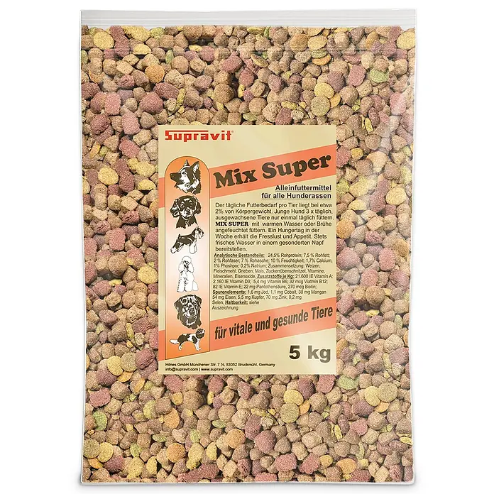 Supravit Mix Super Hundetrockenfutter 5 kg für alle Hunderassen -  - Eine transparente Plastiktüte mit Supravit Mix Super Trockenfutter für Hunde, die mehrfarbige Kroketten enthält und mit 5 kg gekennzeichnet ist.
