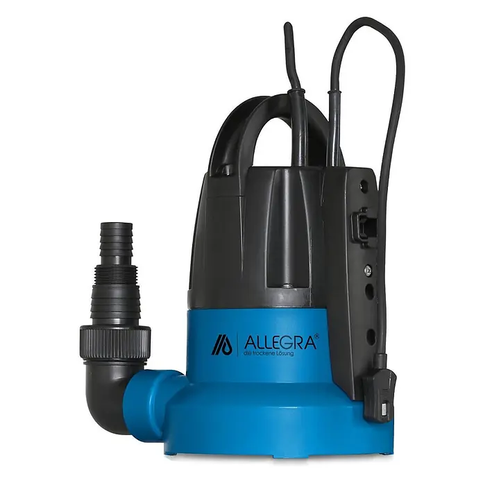 ALLEGRA Flachsaugpumpe FSP 7000 mit 7.000 l/h Förderleistung -  - Blaue und schwarze Tauchpumpe mit seitlich angebrachtem Schlauchadapter.
