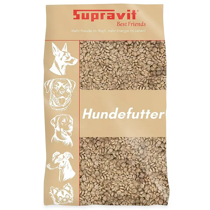 Supravit Hundetrockenfutter Lamm und Kartoffeln 15kg für alle Hunderassen -  - Braune Supravit Hundefuttertüte mit sichtbaren Kroketten, Aufschrift "Hundefutter" und Hundebildern.