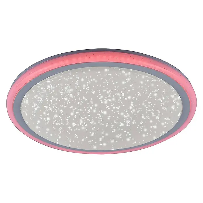 Just Light LED-Deckenleuchte Luisa - 32 W, Weiß, Warmweiß - Runde Deckenleuchte mit Sternenmuster, umgeben von einem rosa und grauen Rahmen, die eine gemütliche Atmosphäre schafft.