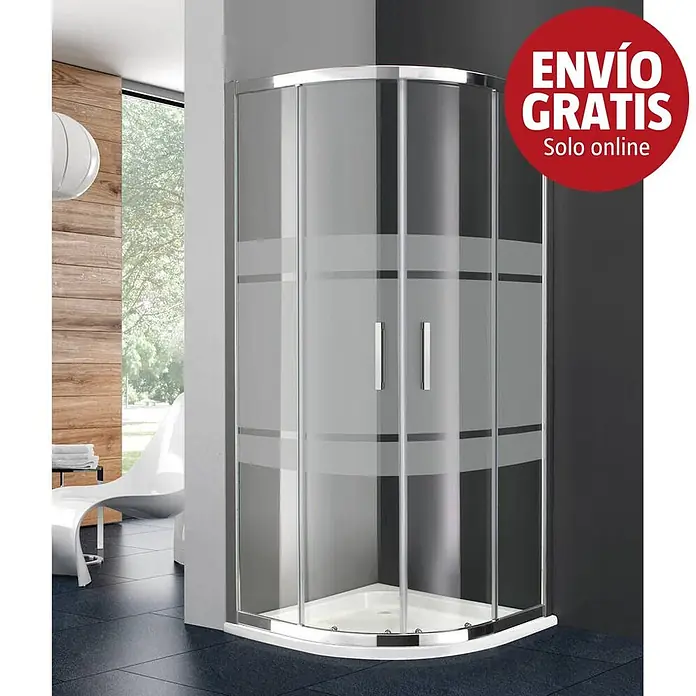 GME Mampara de ducha semicircular Prestige - 90 x 90 x 195 cm, Eloxado, Plata brillo - Mampara de ducha semicircular con franjas de vidrio esmerilado y puertas dobles en un baño moderno.