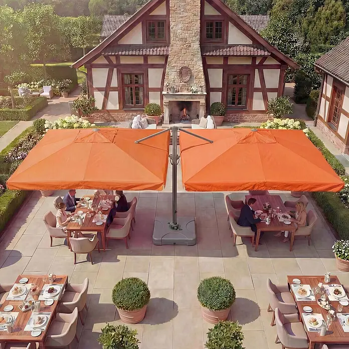Mendler Gastronomie-Alu-Luxus-Doppel-Ampelschirm T44 - terracotta + Ständer -  - Großes orangefarbenes Doppel-Sonnenschirm, das Schatten für Esstische im Garten spendet.
