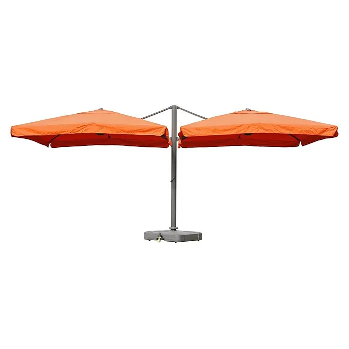 Mendler Gastronomie-Alu-Luxus-Doppel-Ampelschirm T44 - terracotta + Ständer -  - Oranger Doppel-Ampelschirm mit grauem Mast und beschwertem Fuß.