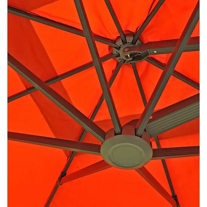 Mendler Gastronomie-Alu-Luxus-Doppel-Ampelschirm T44 - terracotta + Ständer -  - Unterseite eines leuchtend orangefarbenen Sonnenschirms mit dunkelgrauem Metallgestell und zentralem Stützmechanismus.