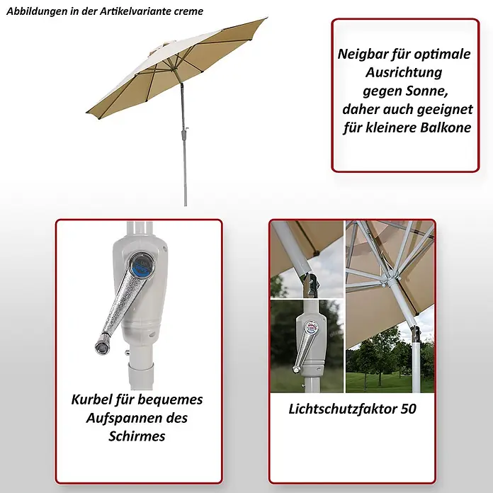 Mendler Sonnenschirm N19 Polyester/Alu Ø 3m - grün -  - Cremefarbener Sonnenschirm mit Kurbel und Neigefunktion, ideal für Balkone, UV-Schutz 50.
