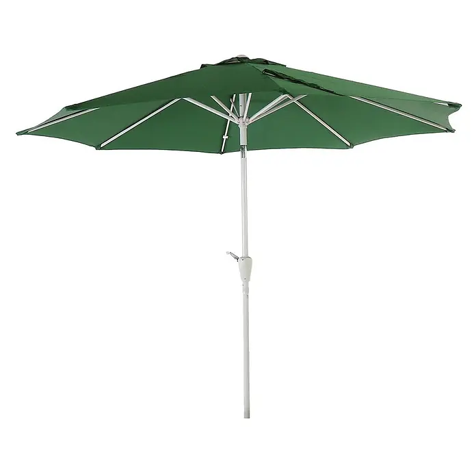 Mendler Sonnenschirm N19 Polyester/Alu Ø 3m - grün -  - Grüner Sonnenschirm mit weißem Mast und Gestell, ausgestattet mit Kurbel und Kippfunktion.
