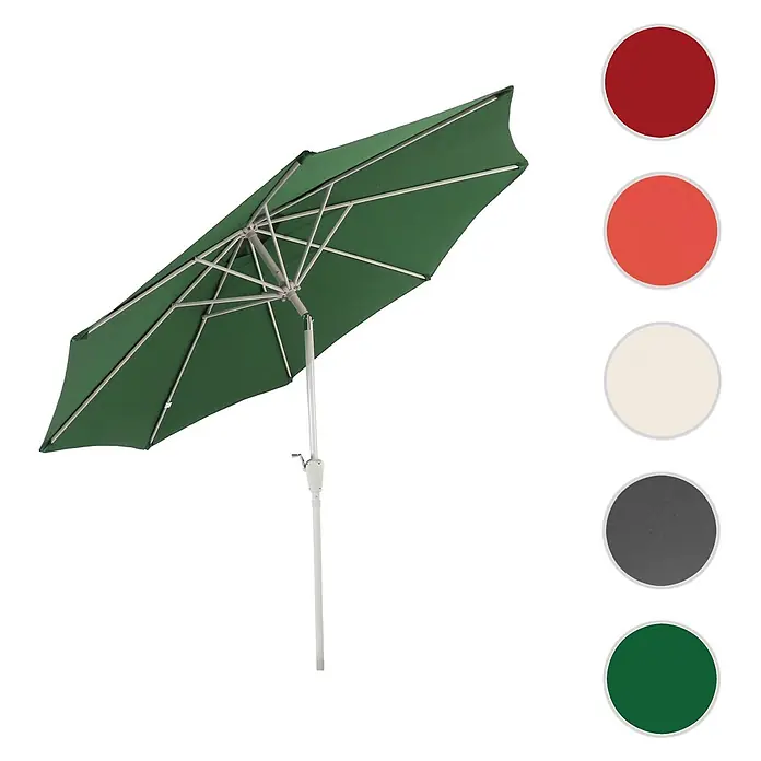 Mendler Sonnenschirm N19 Polyester/Alu Ø 3m - grün -  - Grüner Sonnenschirm mit weißem Mast und Kurbelgriff, schräg dargestellt, mit Farboptionen daneben.