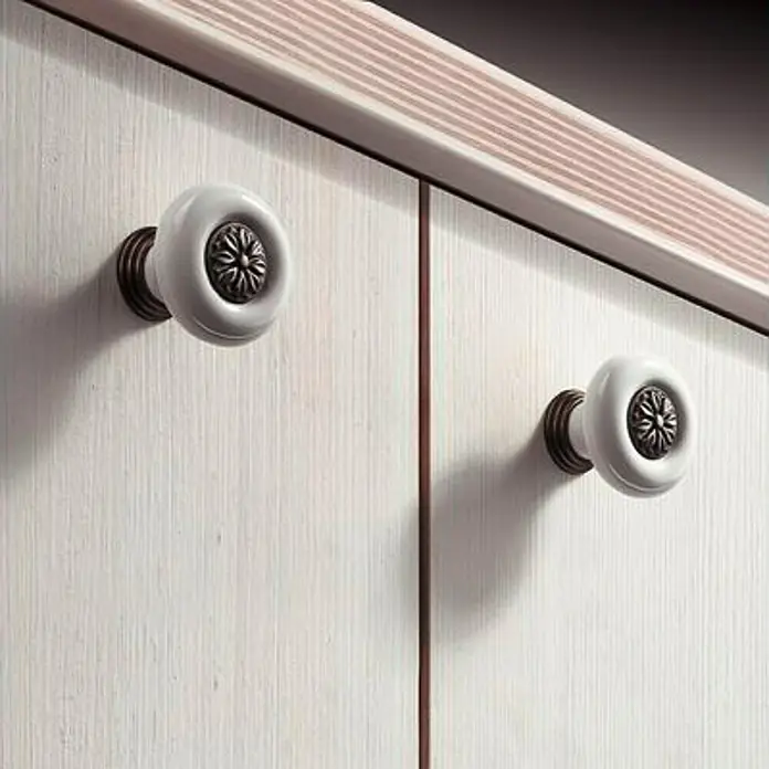 Möbelknopf - Typ Möbelgriff: Knopf, Ø x H: 30 x 30 mm, Porzellan, Weiß/Braun - Nahaufnahme von weißen Schrankknöpfen mit floralen Akzenten an einer weißen Kommode.