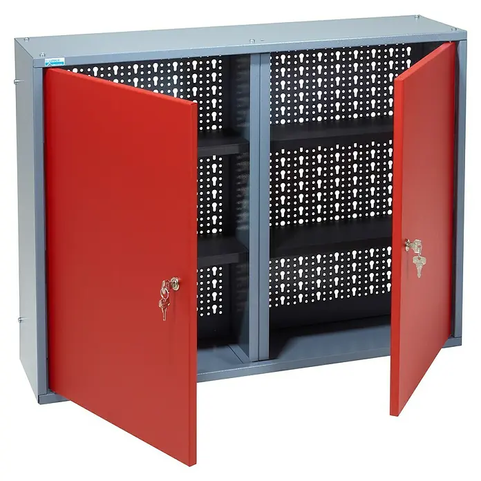 Küpper Hängeschrank - L x B x H: 20 x 80 x 60 cm, Anzahl Türen: 2 Stk. - Ein grauer Schlüsselschrank mit roten Türen, der zur Aufbewahrung von Schlüsseln dient, steht offen.