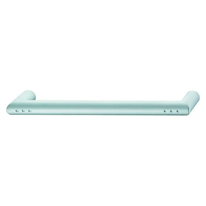 Möbelgriff - Typ Möbelgriff: Bügel, L x B x H: 174 x 14 x 32 mm, Sonstige, Verchromt - Nahaufnahme eines silbernen Handtuchhalters mit abgerundeten Enden und kleinen Löchern für die Befestigung an einer Wand.