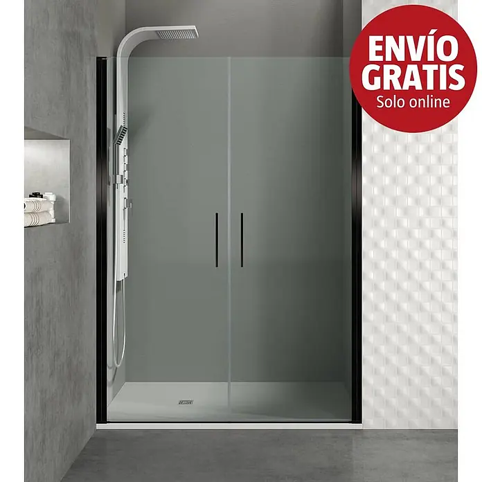 GME Mampara de ducha frontal Open Combi I - 160 x 195 cm, Espesor de vidrio: 6 mm, Negro, An x Al: 160 (80/80) x 195 cm - Mampara de ducha moderna con marco negro, puertas de cristal mate, plato blanco y columna de ducha.