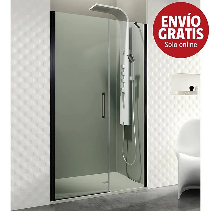 GME Mampara de ducha frontal Open Combi E - 85 x 195 cm, Espesor de vidrio: 6 mm, Negro, An x Al: 85 (30/55) x 195 cm - Mampara de ducha corredera moderna con cristal transparente, perfil negro y panel trasero gris claro en un baño.