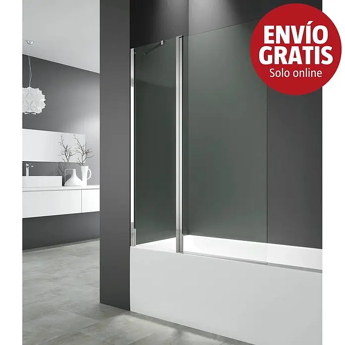GME Mampara para bañera Open 2 Abatible - An x Al: 120 x 150 cm, Vidrio transparente, Plata brillo - Mampara de bañera de cristal de dos paneles con marco metálico, instalada en una bañera blanca.