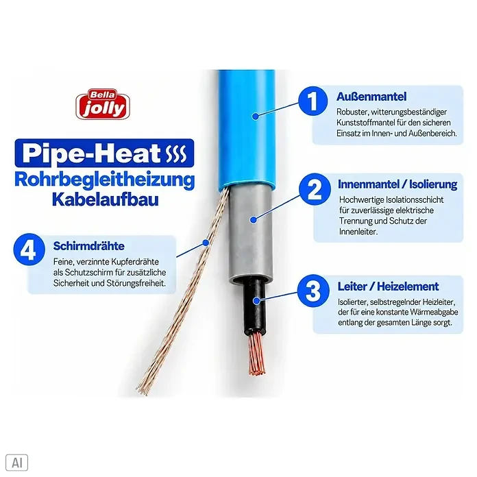 Jollytherm Rohrbegleitheizung Pipe-Heat - Kabellänge: 2 m, 30 W - Querschnitt eines blauen, selbstregelnden Pipe-Heat Heizkabels mit Außenmantel, Isolierung, Heizelement und Kupferabschirmung für Rohrbegleitheizung.