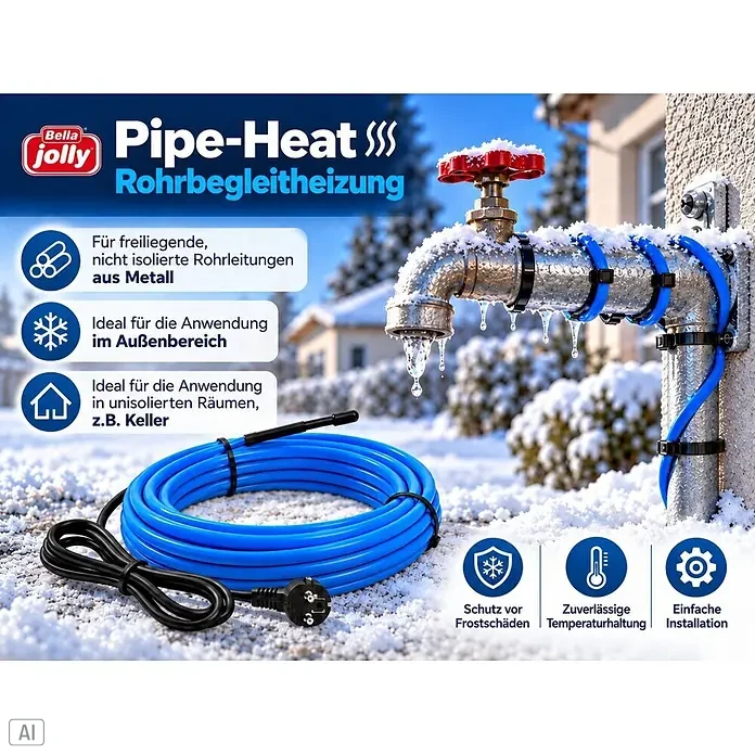 Jollytherm Rohrbegleitheizung Pipe-Heat - Kabellänge: 2 m, 30 W - Blaues Rohrbegleitheizkabel mit schwarzem Stecker, auf Schnee gerollt und um ein gefrorenes Außenrohr gewickelt zum Frostschutz.