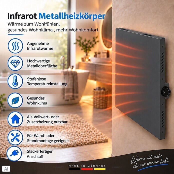 Admiral Infrarot-Metallheizkörper (60 x 60 cm, Drehregler, 365 W, Anthrazit)