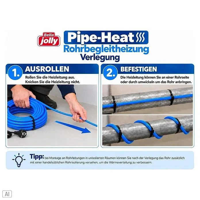 Jollytherm Rohrbegleitheizung Pipe-Heat - Kabellänge: 2 m, 30 W - Installationsanleitung für ein blaues Rohrbegleitheizkabel, zeigt das Abrollen und die Befestigung an einem Rohr.