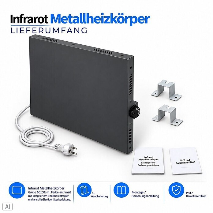 Admiral Infrarot-Metallheizkörper (60 x 60 cm, Drehregler, 365 W, Anthrazit)