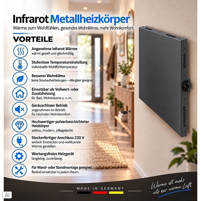 Admiral Infrarot-Metallheizkörper (60 x 60 cm, Drehregler, 365 W, Anthrazit)