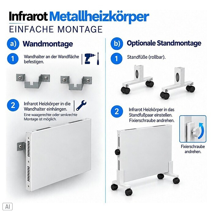 Admiral Infrarot-Metallheizkörper (120 x 60 cm, Drehregler, 1.100 W, Weiß)
