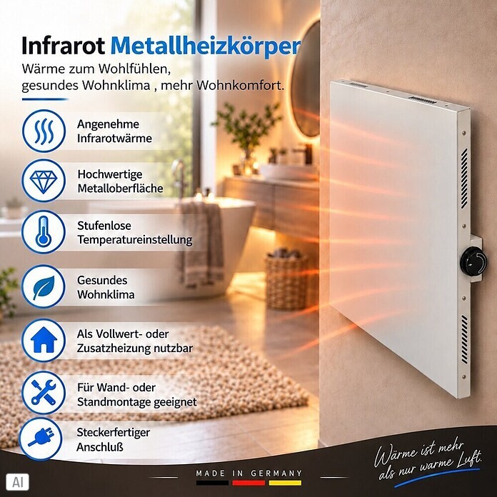 Admiral Infrarot-Metallheizkörper (60 x 60 cm, Drehregler, 365 W, Weiß)