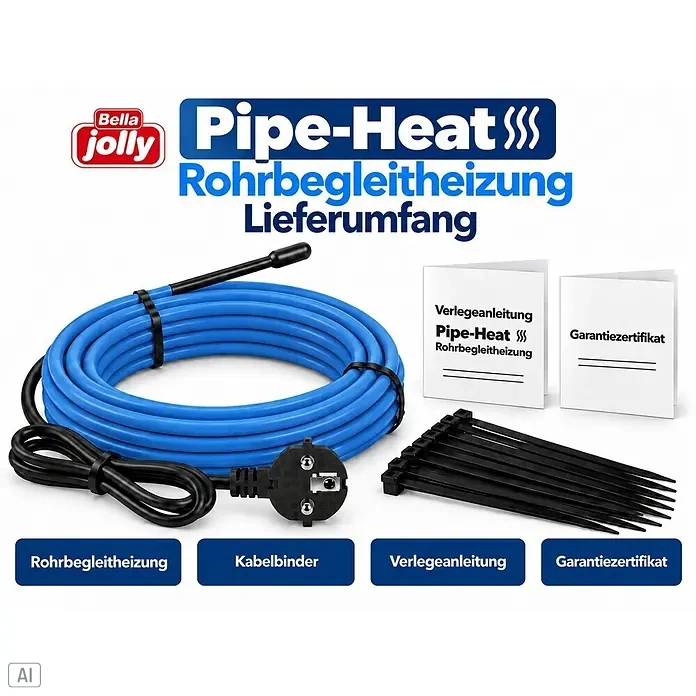 Jollytherm Rohrbegleitheizung Pipe-Heat - Kabellänge: 2 m, 30 W - Blaues Rohrbegleitheizkabel mit Stecker, schwarze Kabelbinder, Anleitung und Garantiezertifikat als Rohrbegleitheizungs-Set.