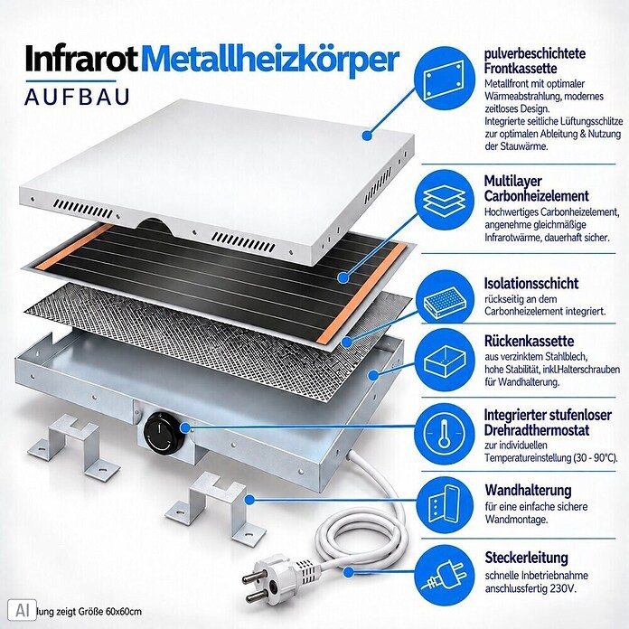 Admiral Infrarot-Metallheizkörper (120 x 60 cm, Drehregler, 1.100 W, Weiß)