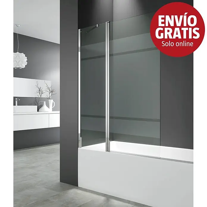 GME Mampara para bañera Open 2 Abatible - An x Al: 120 x 150 cm, Vidrio serigrafiado, Plata brillo - Mampara de ducha de cristal con franja esmerilada, instalada en una bañera blanca.