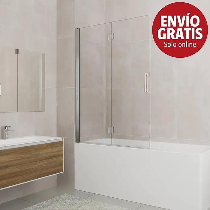 GME Mampara para bañera Glass Plegable - An x Al: 95 x 150 cm, Plata brillo - Mampara de bañera de cristal transparente con bisagras y tirador cromados, instalada en una bañera blanca.