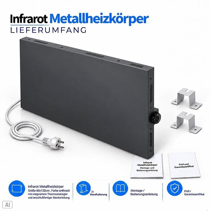 Admiral Infrarot-Metallheizkörper (120 x 60 cm, Drehregler, 1.100 W, Anthrazit)