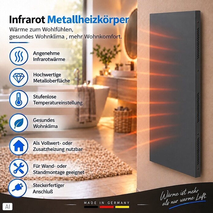 Admiral Infrarot-Metallheizkörper (120 x 60 cm, Drehregler, 1.100 W, Anthrazit)