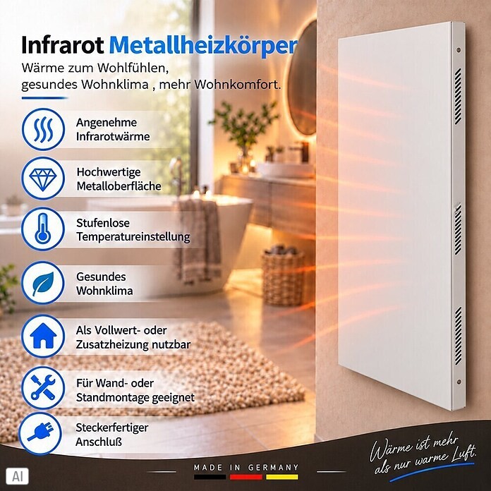 Admiral Infrarot-Metallheizkörper (120 x 60 cm, Drehregler, 1.100 W, Weiß)