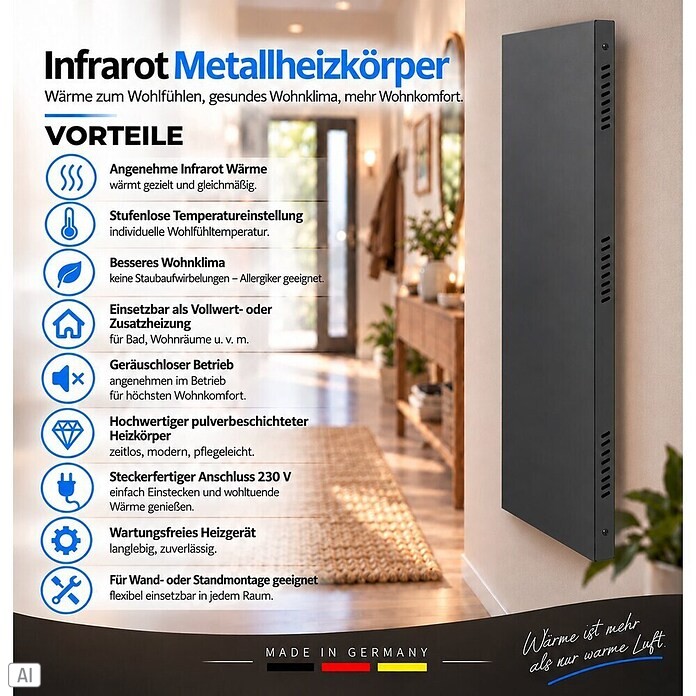 Admiral Infrarot-Metallheizkörper (120 x 60 cm, Drehregler, 1.100 W, Anthrazit)